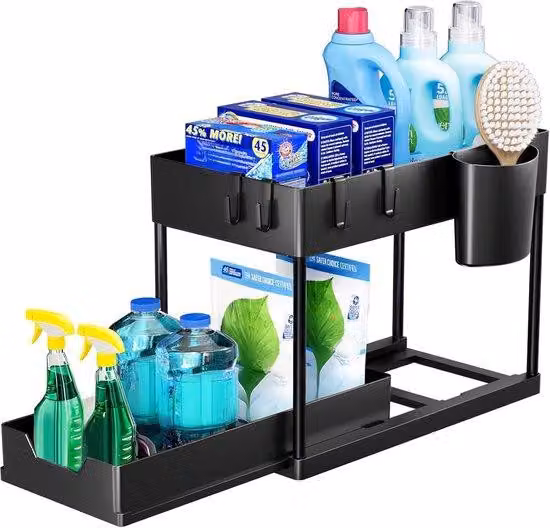 Mobiletto sotto il lavello – 2 ripiani – Cassetto estraibile – Organizzatore intelligente per cucina e bagno – Con ganci e contenitore – Nero – Scaffale per cucina – 2 ripiani – Per lavello – Per bagno – Mobiletto da cucina – Organizzatore