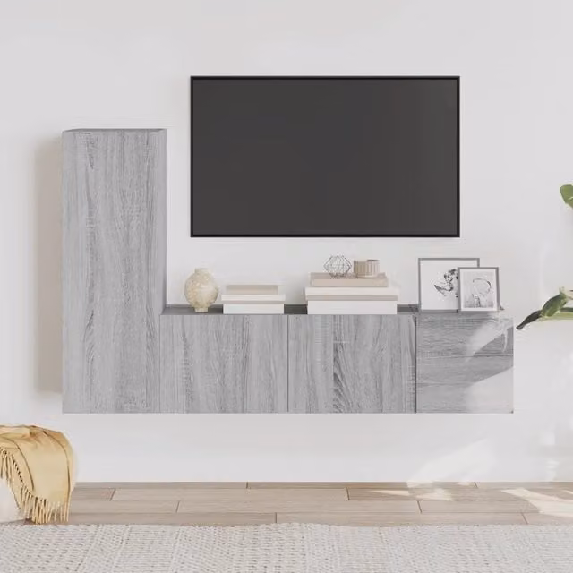 Set di mobili porta TV da 3 pezzi in legno multistrato grigio, design classico per soggiorno, modello a parete