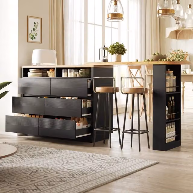 Tavolo bar allungabile con 6 cassetti e ripiano laterale per soggiorno e cucina in MDF nero 137 × 39 × 102,3 cm