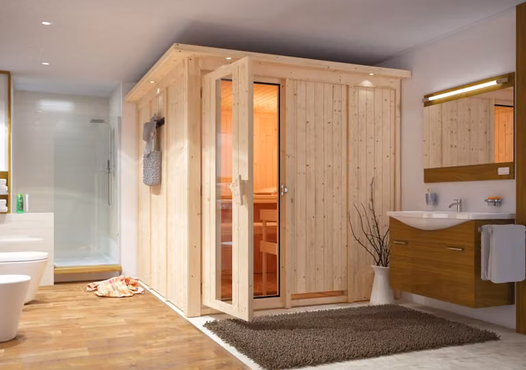 Sauna Karibu Rodin (ingresso frontale), porta in legno con vetro isolante, isolata termicamente, trasparente, stufa da 9 kW a biomasse con comando esterno easy