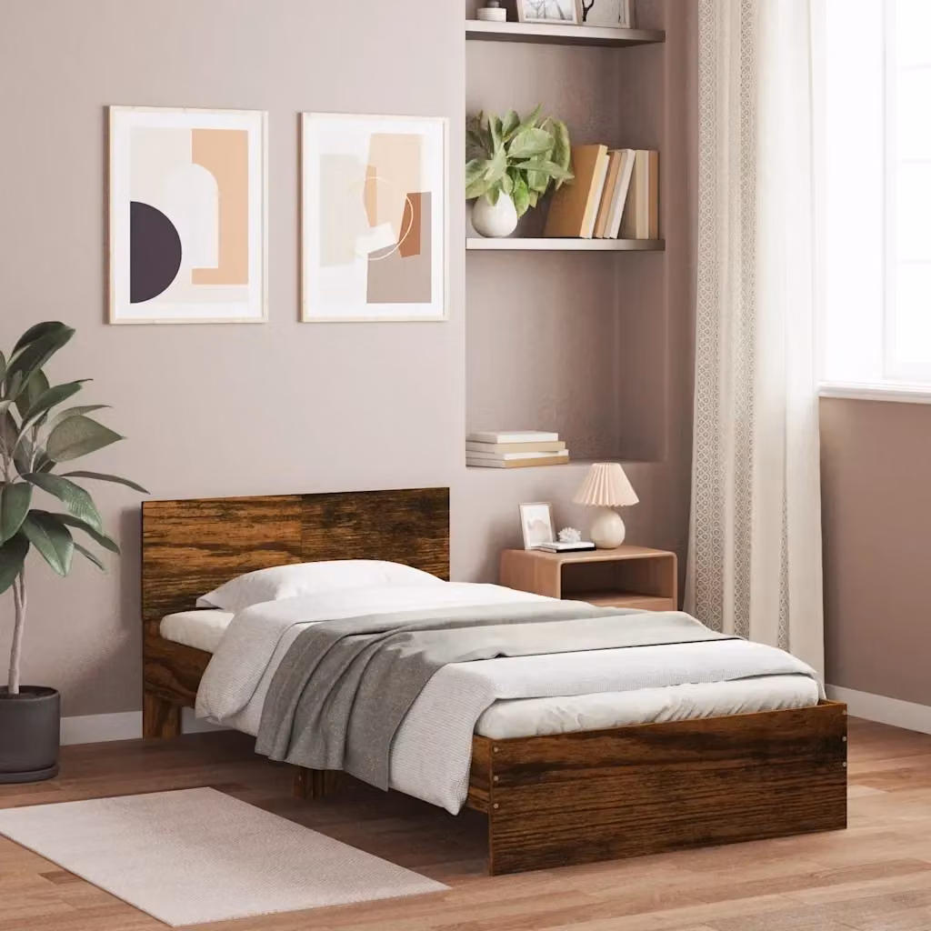 Letto singolo moderno con testiera in legno Rovere Fumo marrone L/P/H: 203 x 100 x 70 cm – 2