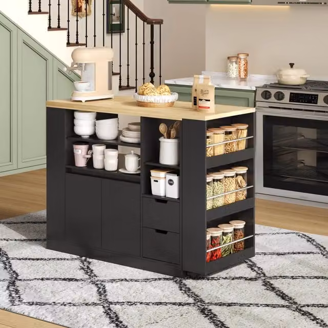 Isola da cucina con piano estraibile, 115x50x92 cm, ripiani a tre lati e due cassetti, struttura in MDF E0, adatta per sala da pranzo e bar domestici