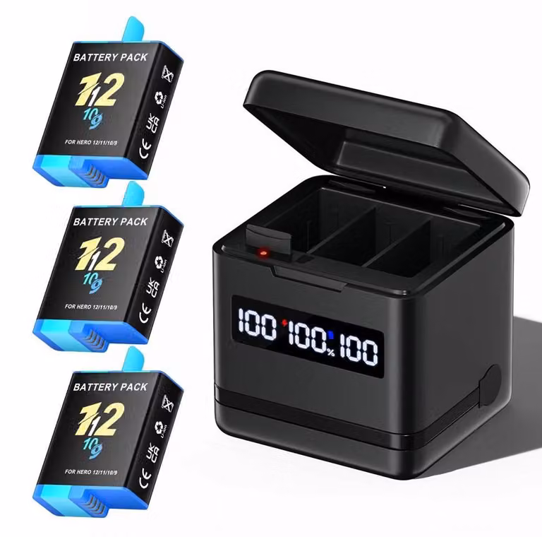 Pacco batterie, capacità 2000 mAh, caricabatterie LCD a 3 slot, 3 batterie, 1 caricabatterie