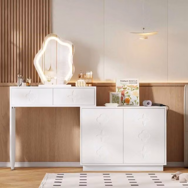 Toeletta con specchio LED a illuminazione regolabile, due cassetti, vani contenitori modulari e cassettiera bianca in stile moderno