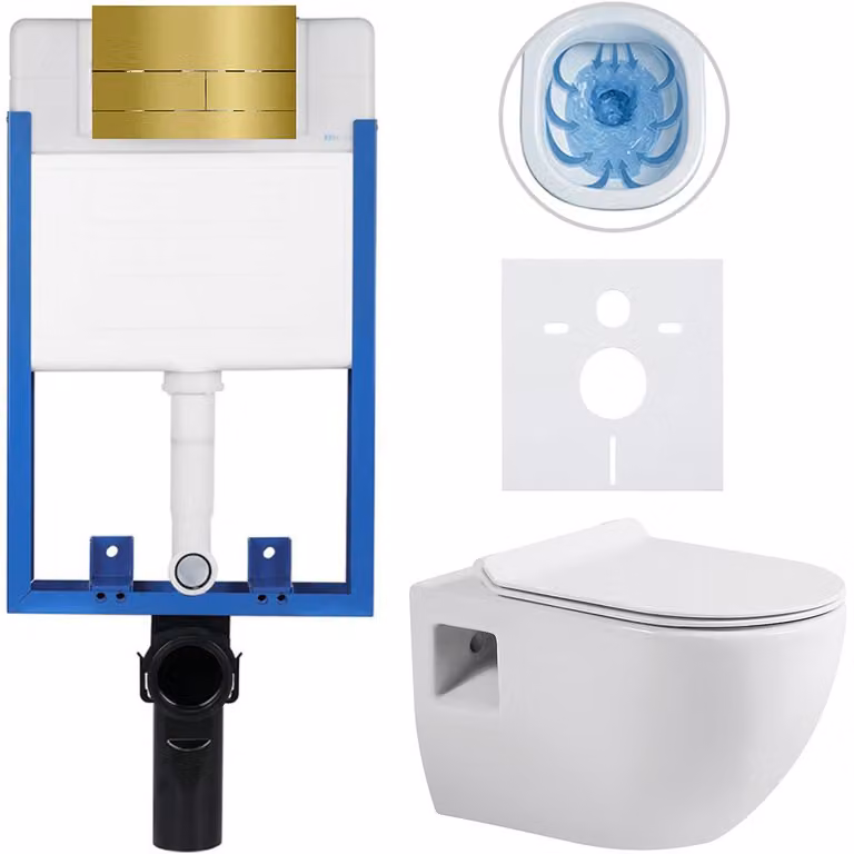 Set completo per WC sospeso Lite/Dure - bianco lucido - pulsante per WC Line, dorato - da incasso - 51x35 cm