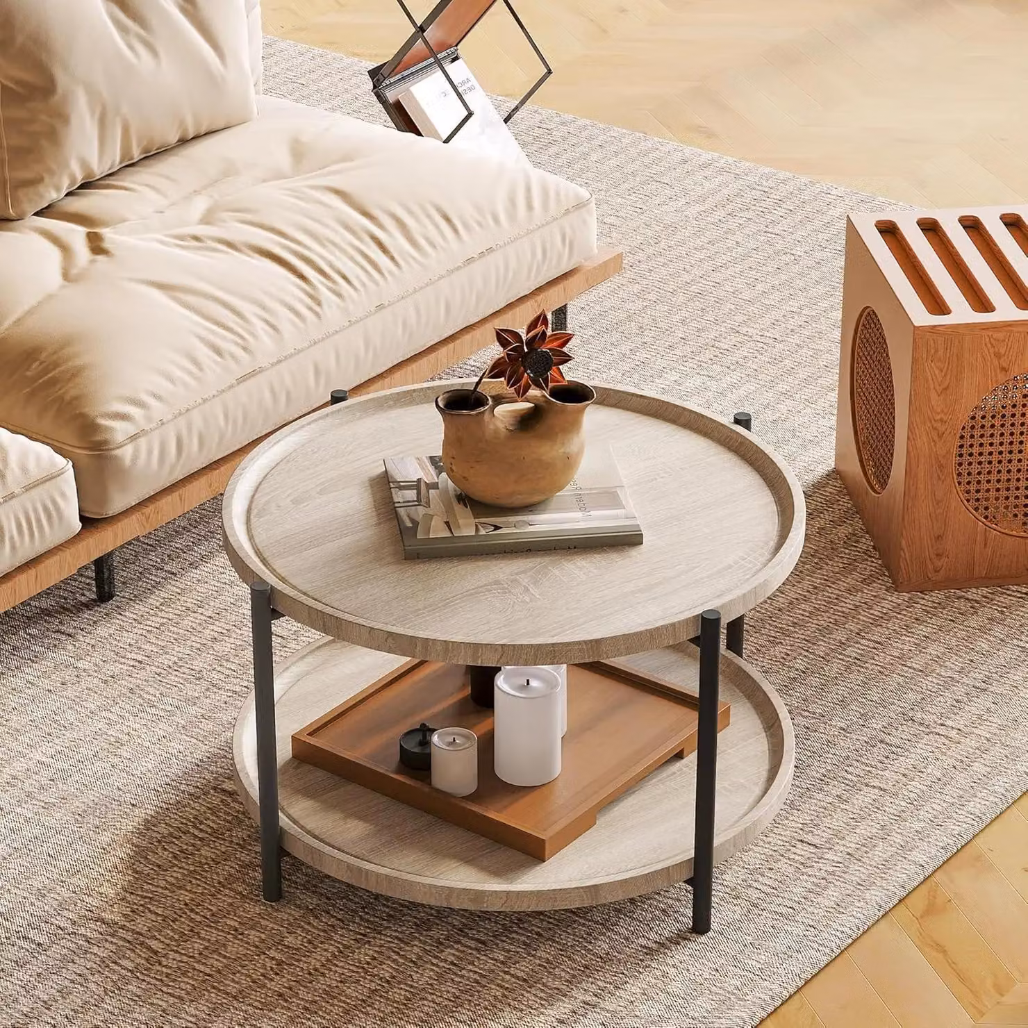 Tavolino da salotto - Tavolino rotondo da 75 cm - Vani portaoggetti su 2 livelli - Piano in legno - Struttura in metallo - Per piccoli spazi - Kaki scuro