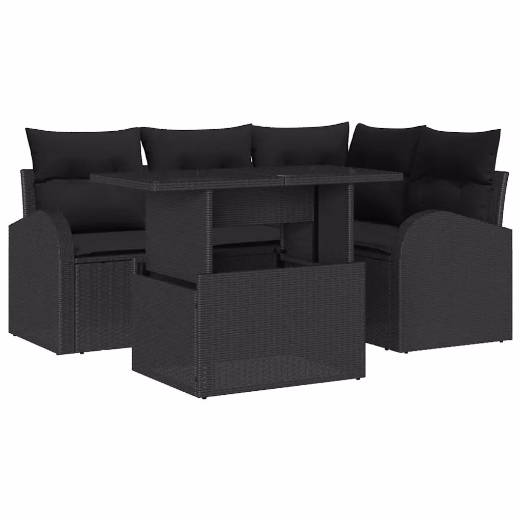 Set Divano da Giardino vidaXL 5 Pezzi a Forma di L in Polyrattan Nero con Cuscini e Tavolino – 2