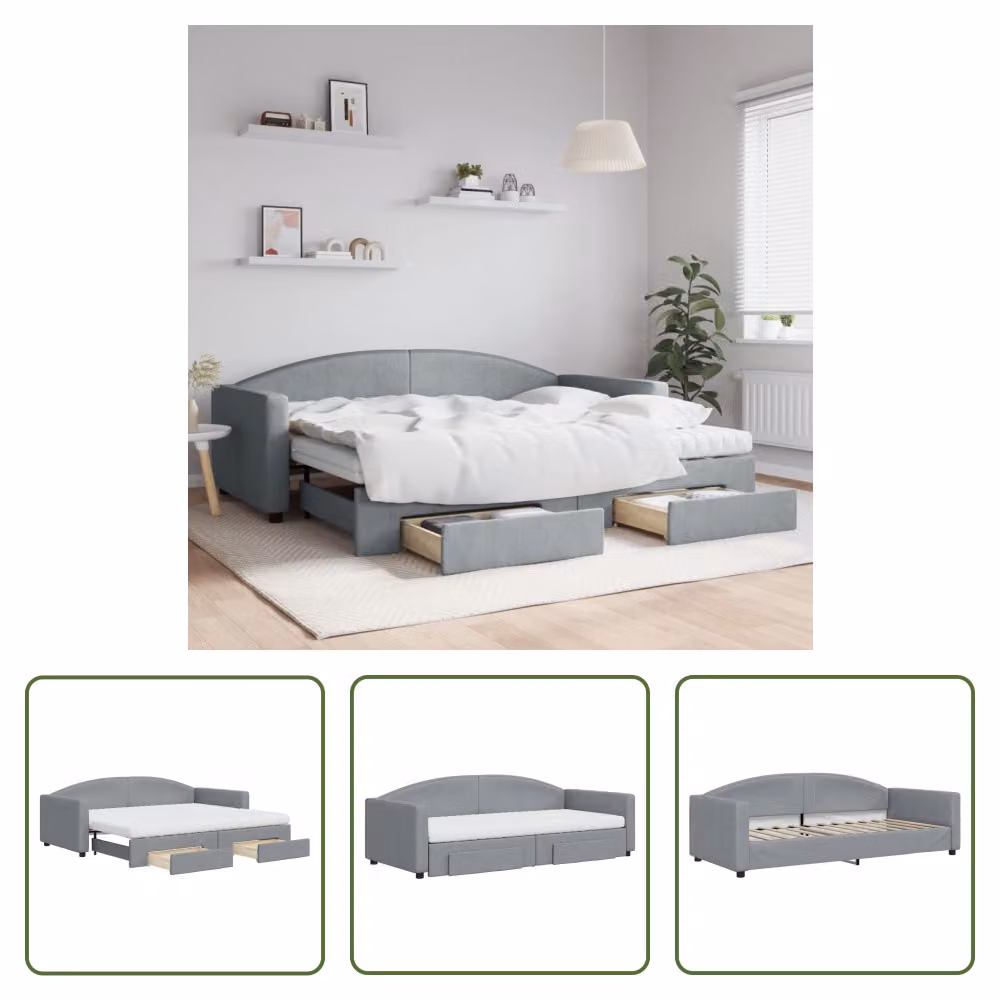 The Living Store Letto da giorno allungabile con cassetti grigio chiaro 90x200 cm tessuto