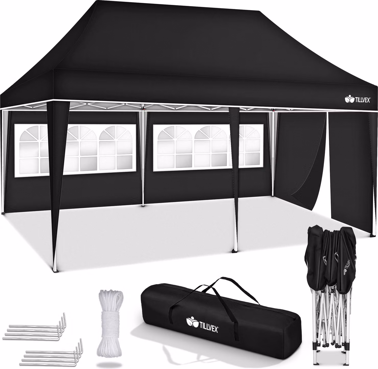 tillvex gazebo 3x6m - con 3 pareti laterali nero impermeabile | gazebo pieghevole pop-up regolabile in altezza | tenda da giardino protezione UV 50+ | tenda da festa con borsa per giardino