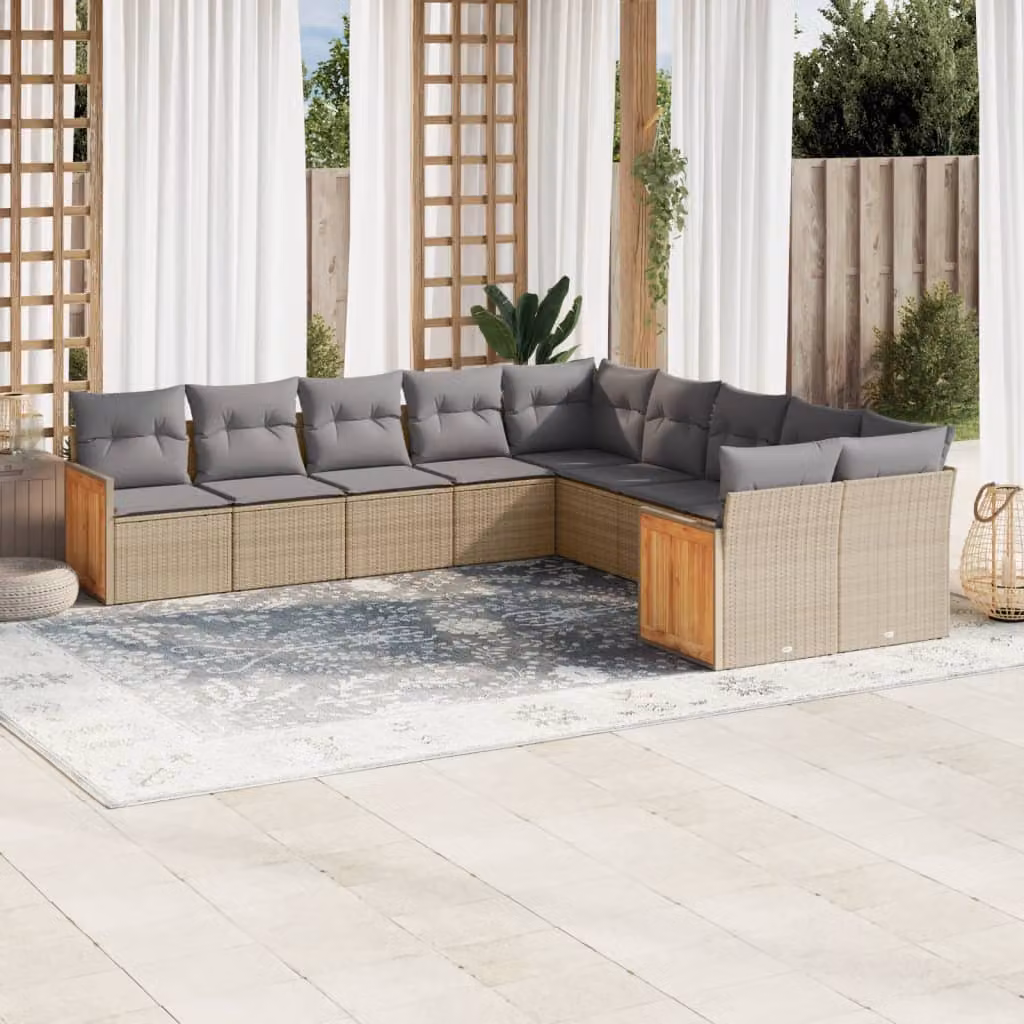 vidaXL Set Divano da Giardino 10 pz a Forma di L in Polyrattan con Cuscini Beige e Grigio – 1