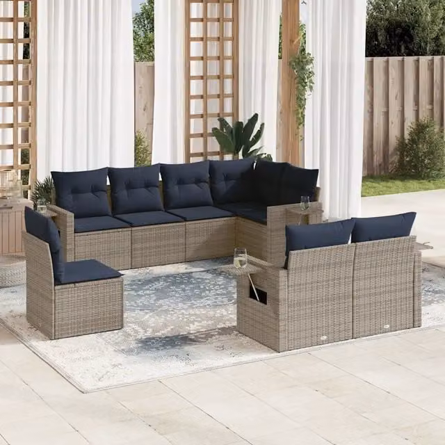 Set di divani da giardino vidaXL in polyrattan grigio con cuscini e struttura in metallo per 8 persone – 1