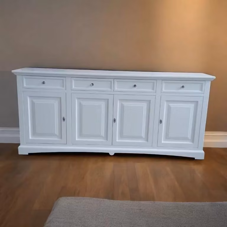 Madia credenza shabby chic con 4 porte in legno bianco Mobili 2G L: 220 cm, P: 45 cm, H: 96 cm