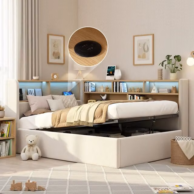 Letto REDOM con contenitore idraulico in velluto beige, illuminazione LED e porte USB/USB-C, L/P: 90 x 200 cm