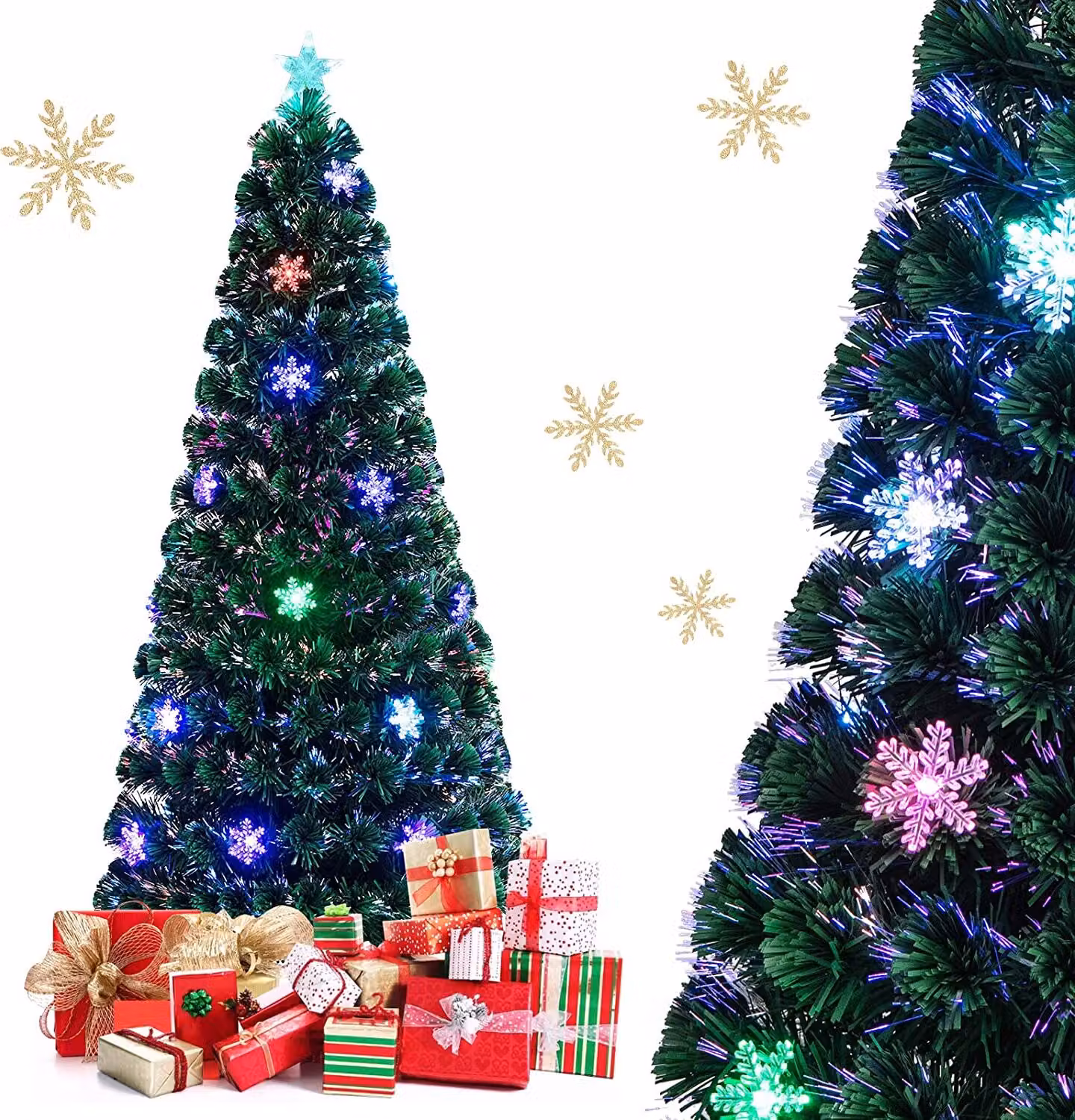 COSTWAY Albero di Natale artificiale a LED da 180 cm con cambiacolori a fibre ottiche e cima a stella, albero di Natale 220 aghi in PVC, albero di Natale ideale per casa, ufficio, negozi e hotel, verde