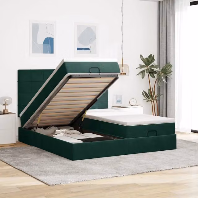 Letto con contenitore a sollevamento vidaXL in velluto verde e bianco con materasso L: 180 cm, P: 200 cm, H: 280 cm