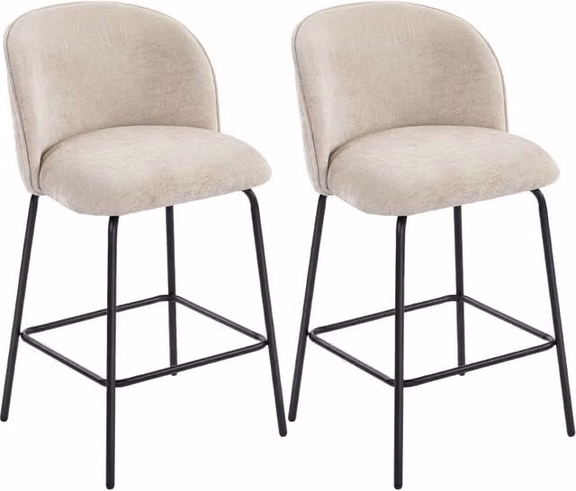 Set di 2 sgabelli da bar con schienale e poggiapiedi, sedie imbottite in tessuto beige con gambe in acciaio