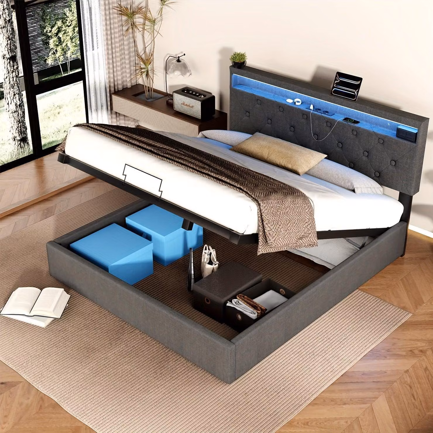 Letto contenitore - Letto imbottito - Letto con cassetti - Divano letto - Letto aggiuntivo - 140x200 cm - Testiera con luci LED RGBW