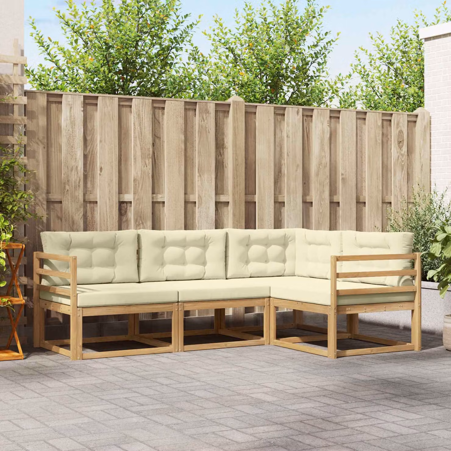 Set di divani da esterno a L vidaXL in legno di acacia con cuscini, Bianco, Beige e Marrone