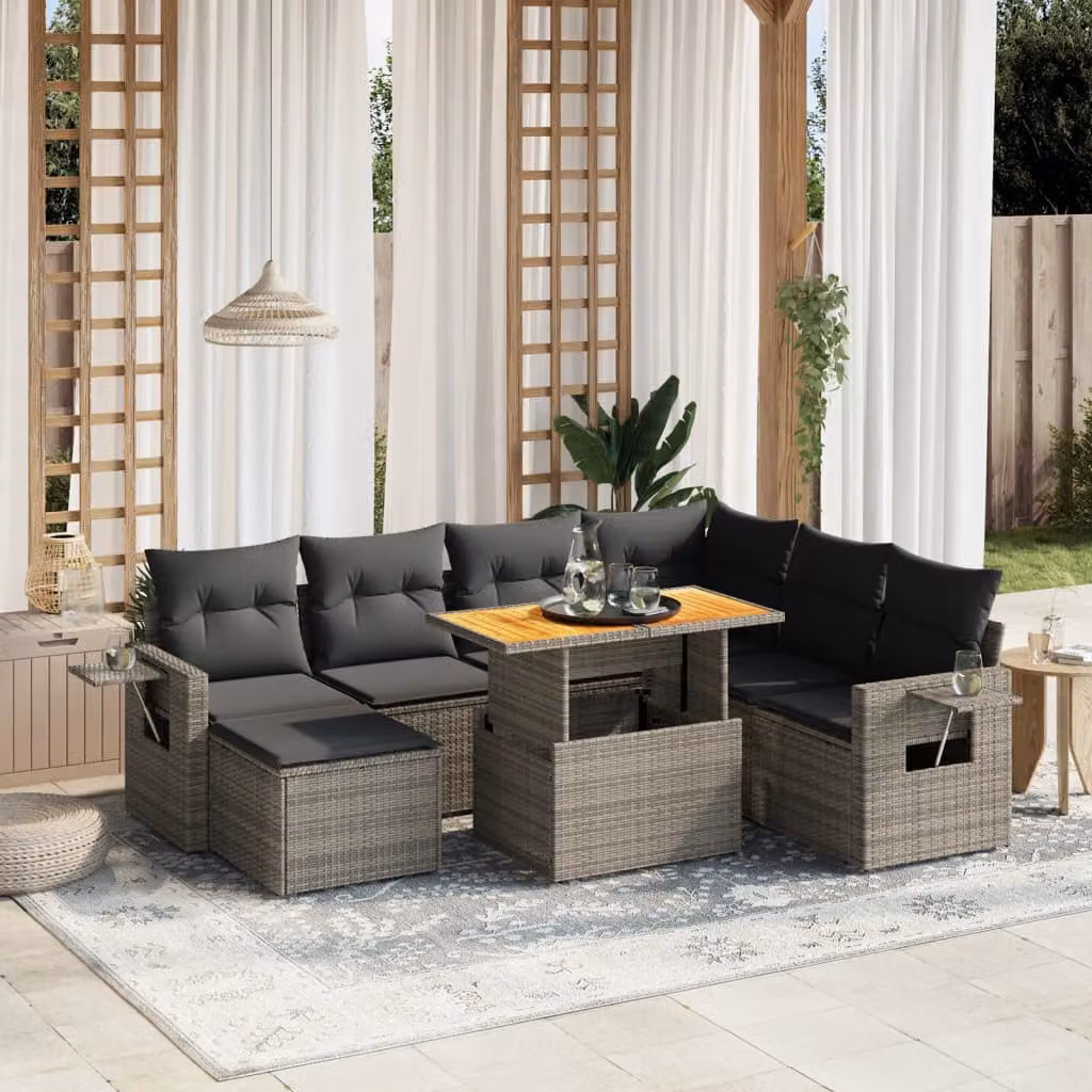 vidaXL Set Divano da Giardino 8 pz in Polyrattan Grigio con Cuscini e Tavolino – 1