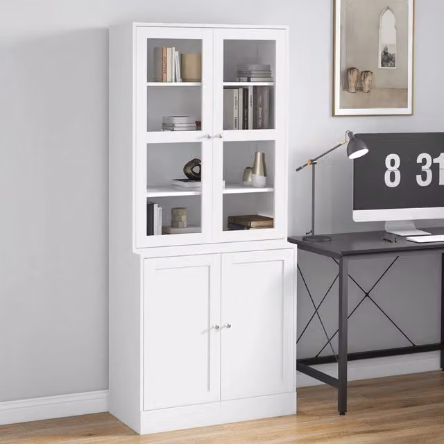 Libreria 76x40x178.5 cm con ripiani regolabili in MDF e vetro temperato bianco