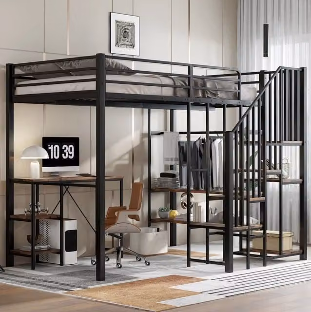 Letto a soppalco 120x200 cm con scrivania e armadio aperto in metallo e MDF nero