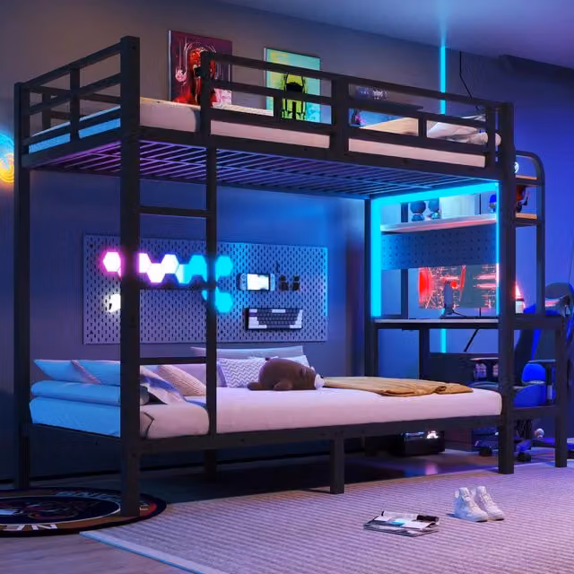 Letto a castello 90x200 cm in metallo nero, con scrivania, mensole, LED e porta USB