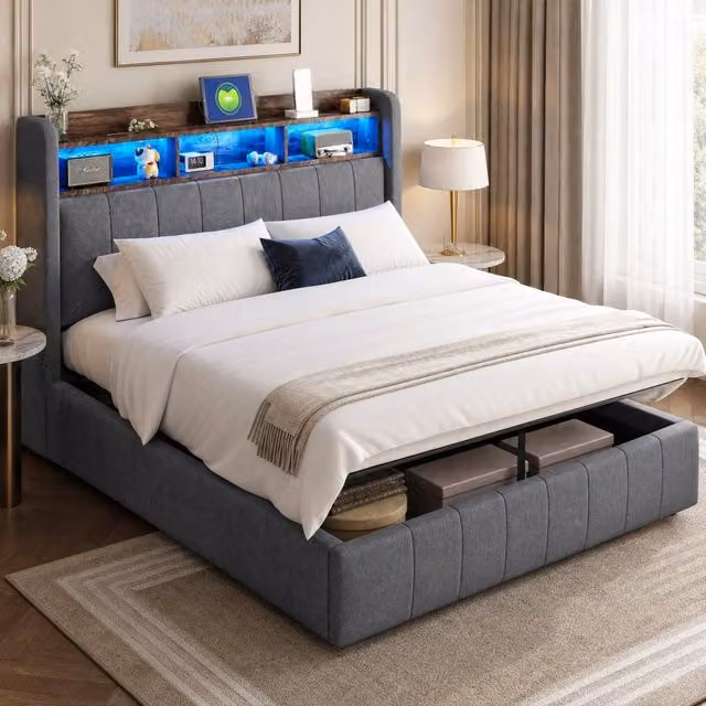 Letto matrimoniale imbottito 140 × 200 cm con vano contenitore LED USB e Type-C in tessuto di lino grigio