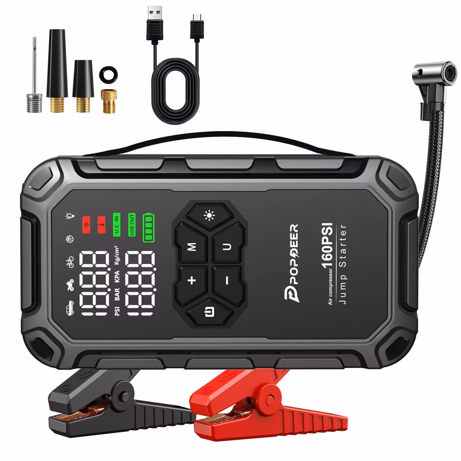 Power bank di avviamento di emergenza PD-JA66 - 6000 A - Compressore d'aria da 160 PSI - Adatto per motori a benzina e diesel fino a 8 litri - Display LCD - Porta USB - Luce LED