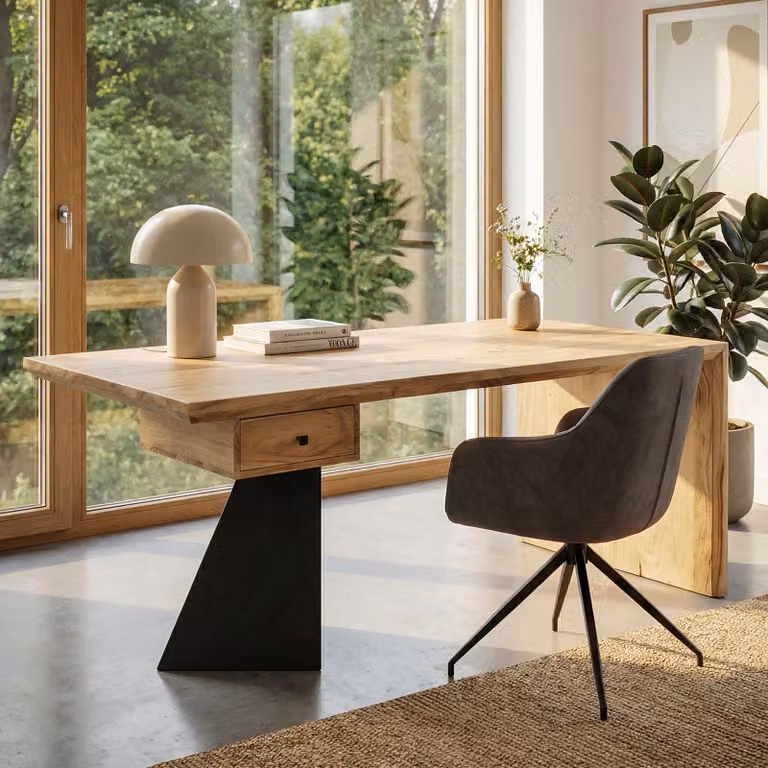FineBuy Scrivania in legno massello di acacia 180 cm rettangolare con cassetto - Scrivania moderna in legno massello con struttura in metallo - Tavolo in legno naturale dal design industriale