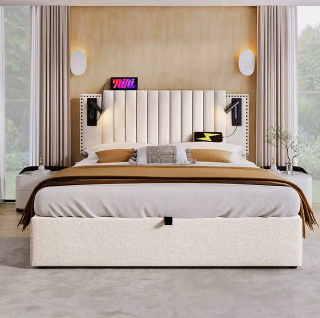 Letto imbottito 160x200 cm con contenitore, comodino con luce LED e doppia porta USB, rivestimento in cotone beige, struttura con rete a doghe inclusa