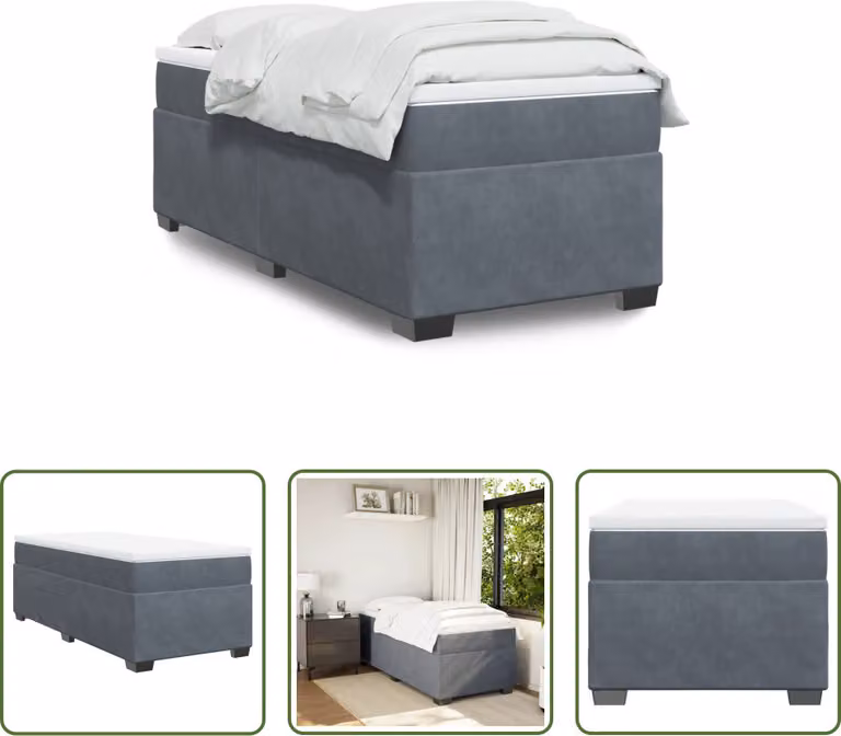 The Living Store Letto a molle con materasso grigio scuro 100x200 cm in velluto