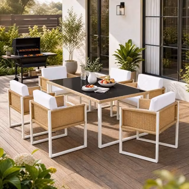 Set da pranzo da giardino MIVRAY con tavolo rettangolare in vetro temperato e 6 sedie in polyrattan marrone e bianco con cuscini