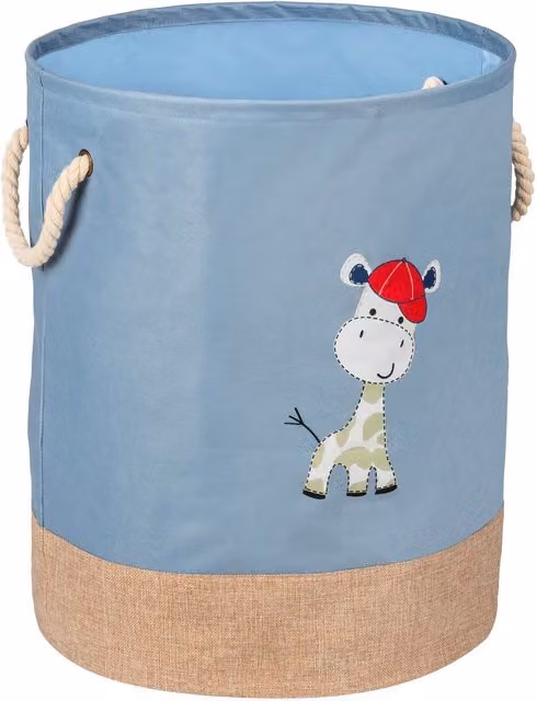 Cesta per il bucato Kids Wenko con stampa giraffa, capacità 63 l, blu con manici in corda