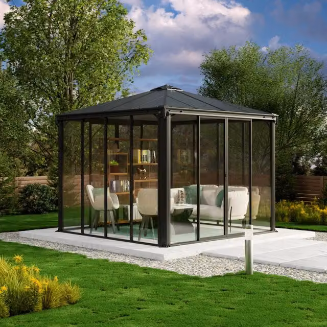 Gazebo Chiuso Ledro in Alluminio con Canopia in Policarbonato L/P: 300 x 300 cm, Colore Grigio e Nero