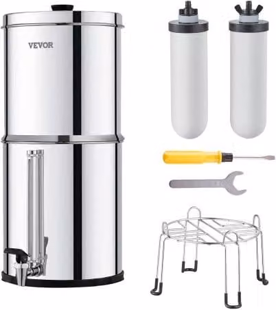 Sistema di filtraggio acqua a gravità da banco Vevor in acciaio inox color argento con 2 filtri al carbone ceramico e rubinetto, capacità 7,8+8,5 L