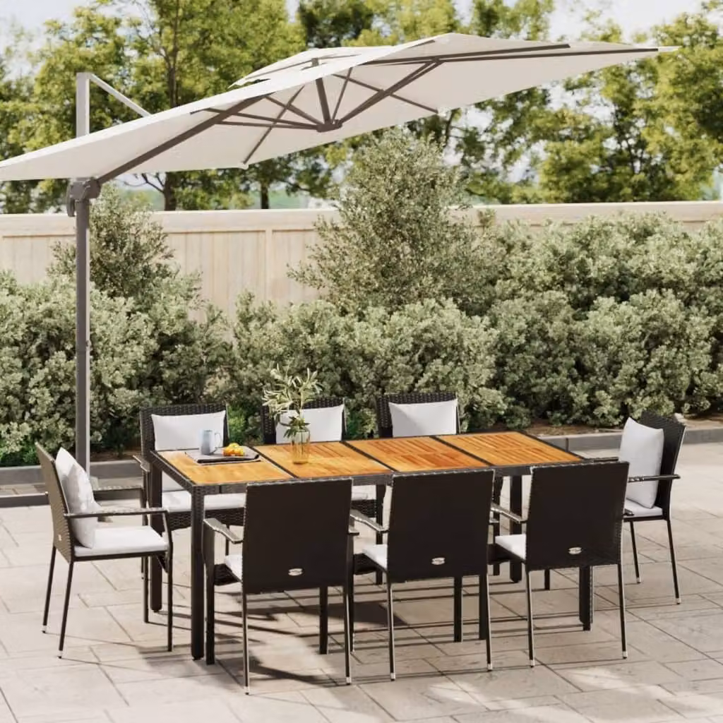 Set da pranzo da giardino vidaXL in polyrattan e legno di acacia con 9 pezzi e cuscini nero