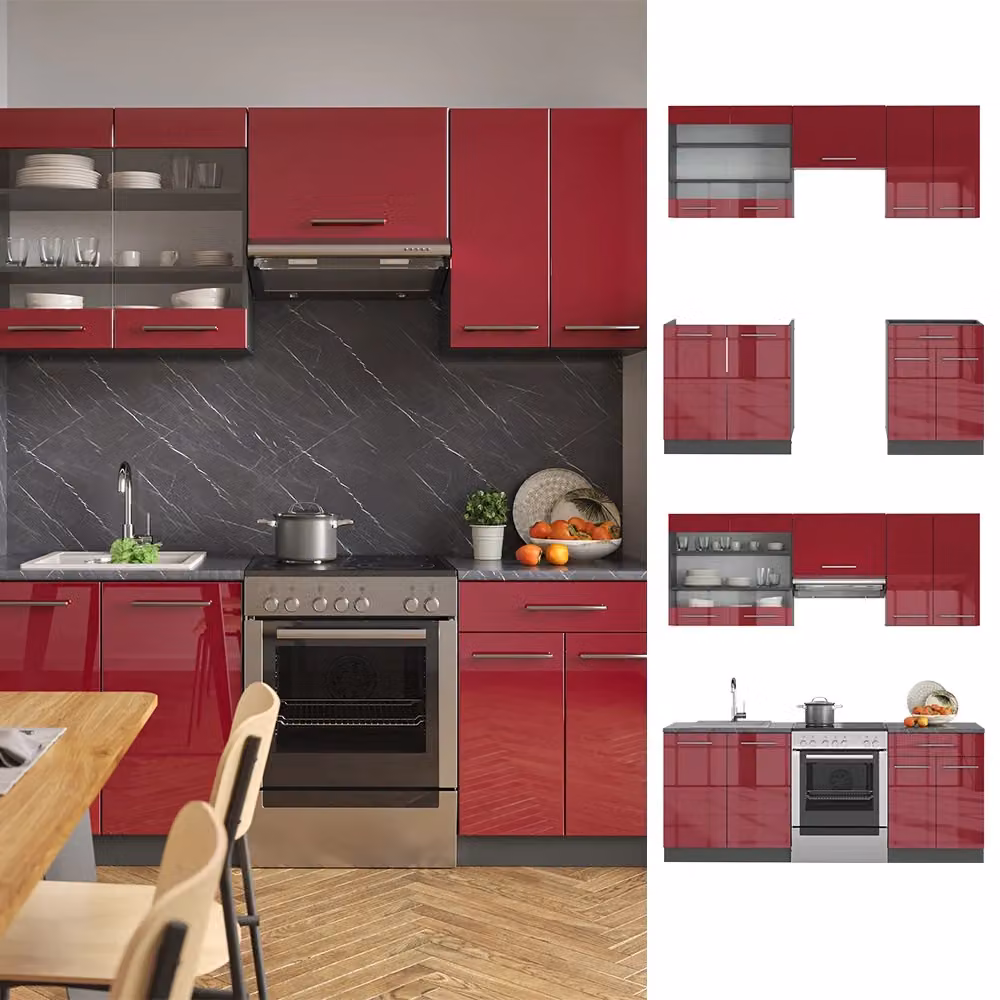 Cucina componibile moderna Fame-Line Vicco in MDF, colore Bordeaux lucido e Antracite, L: 200 cm – 2