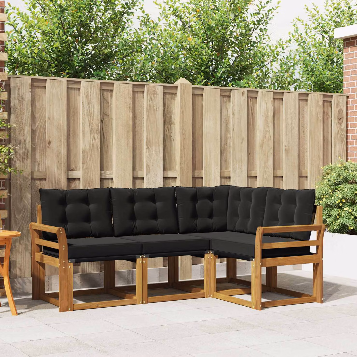 Set di divani da esterno vidaXL a forma di L composto da 4 pezzi in legno di acacia trattato e textilene, colore marrone e nero