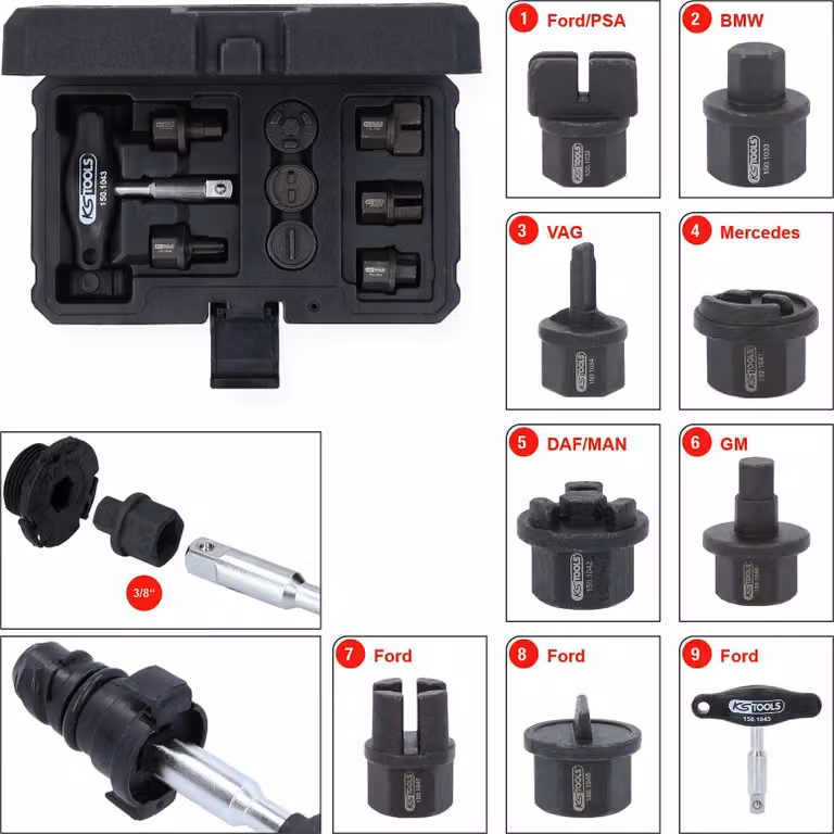 KS TOOLS Set di profili speciali da 3/8" per tappi di scarico olio in plastica, 9 pezzi - 150.1040