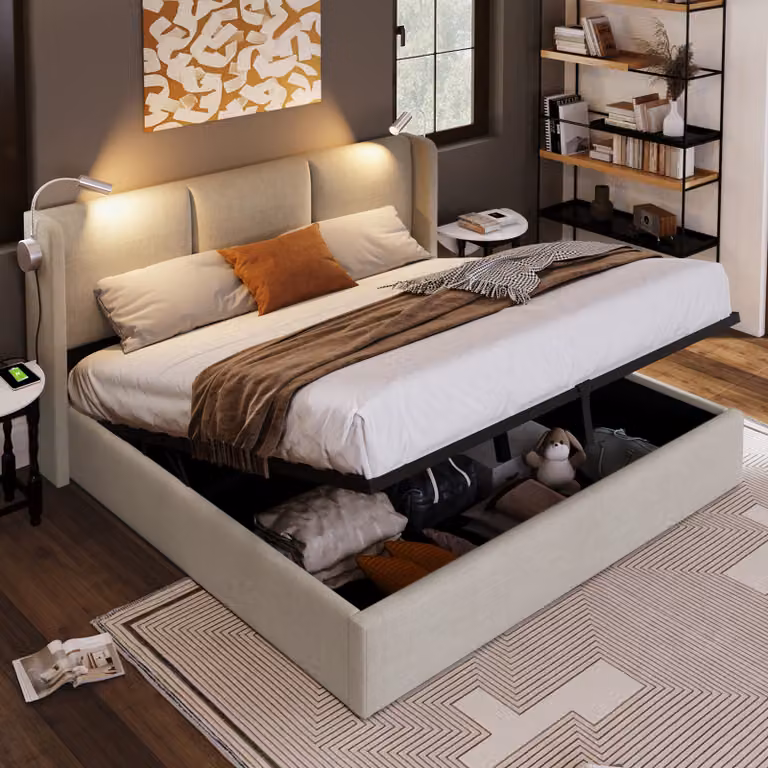 Letto imbottito Sweiko letto matrimoniale con luce di lettura e funzione di ricarica USB, letto contenitore con testata e rete a doghe, Similcuoio beige 160x200cm (senza materasso)