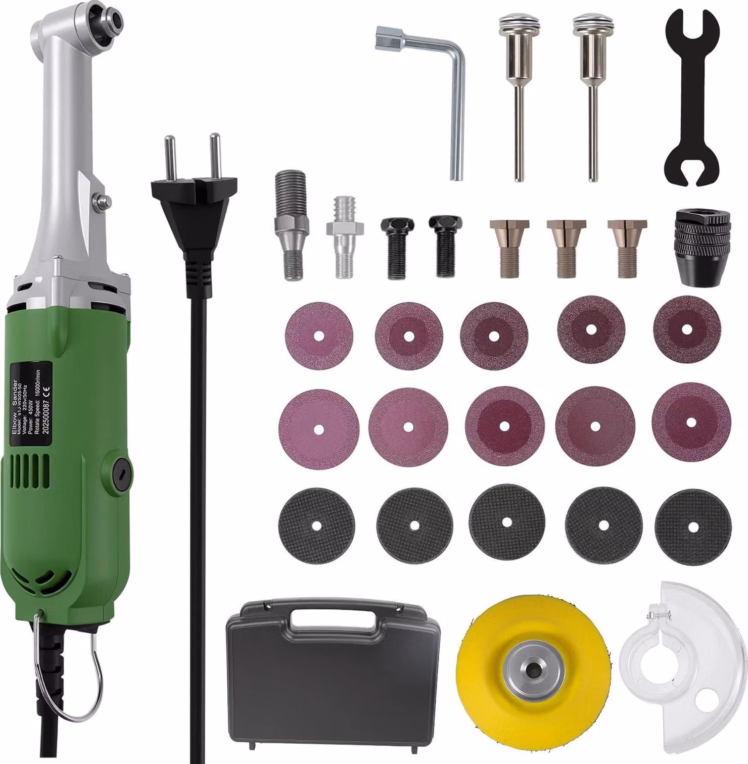 Levigatrice angolare elettrica - Multiuso per levigatura/lucidatura - 450 W - 6 velocità - Testa a 90° - Luce LED - 220 V - Ideale per fughe di piastrelle - Verde