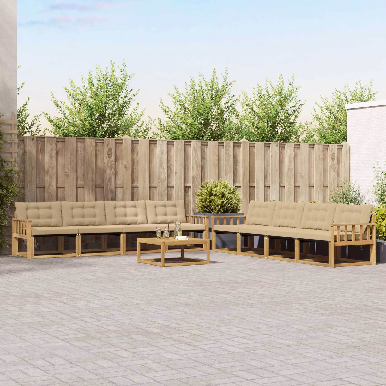 vidaXL Set di divani da esterno 9 pz in legno di acacia e textilene, Bianco e Beige