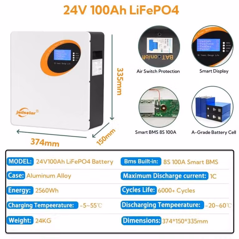 Batteria Litio-Ferro-Fosfato (LiFePO4) - Modello LD24100 - 25,6 V - 100 Ah - 2,56 kWh - Oltre 6000 cicli di carica/scarica - Sistema di gestione della batteria (BMS) 8S - Adatta per l'accumulo di energia solare