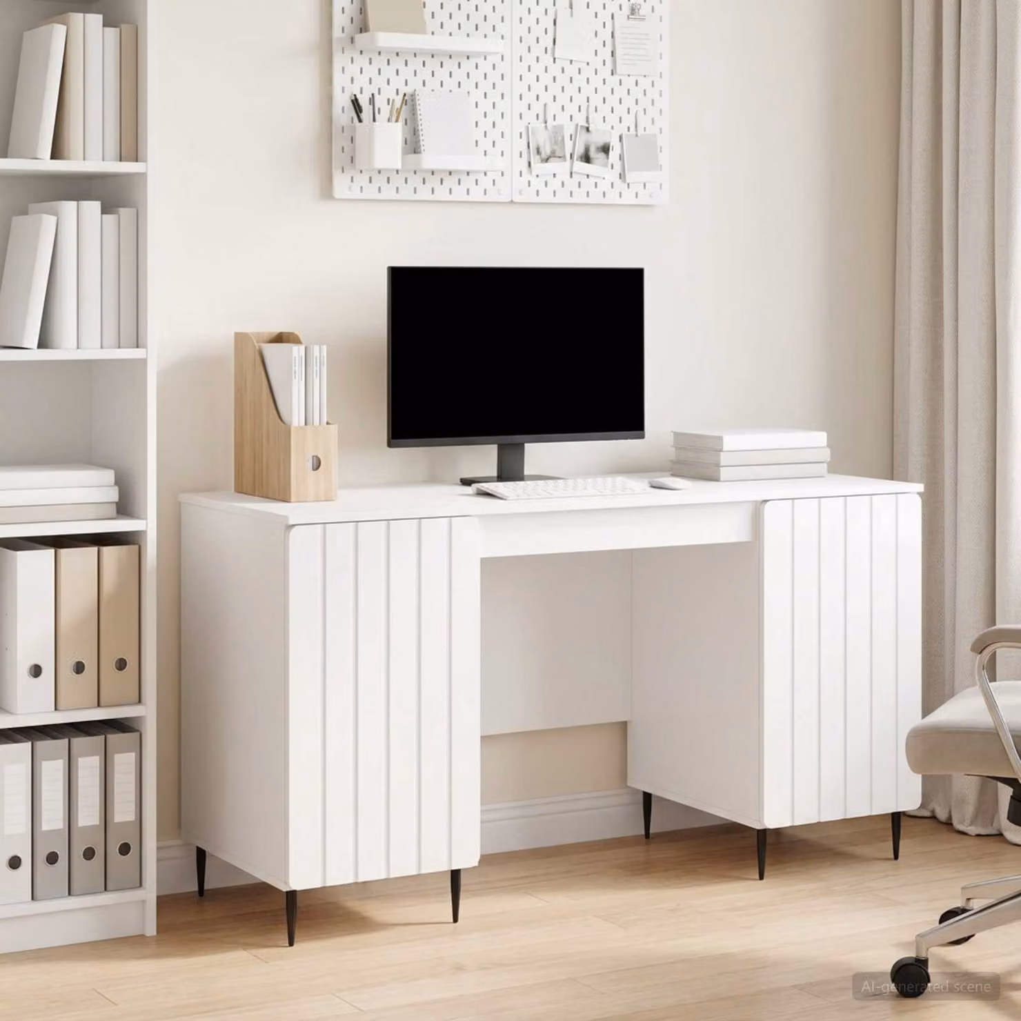 Scrivania moderna vidaXL Bianco Lucido in MDF e metallo L: 142,5 cm, P: 50 cm, H: 75 cm