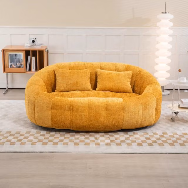 Divano pouf a sacco a due posti; poltrona lounge gialla in ciniglia; 150x95x63 cm