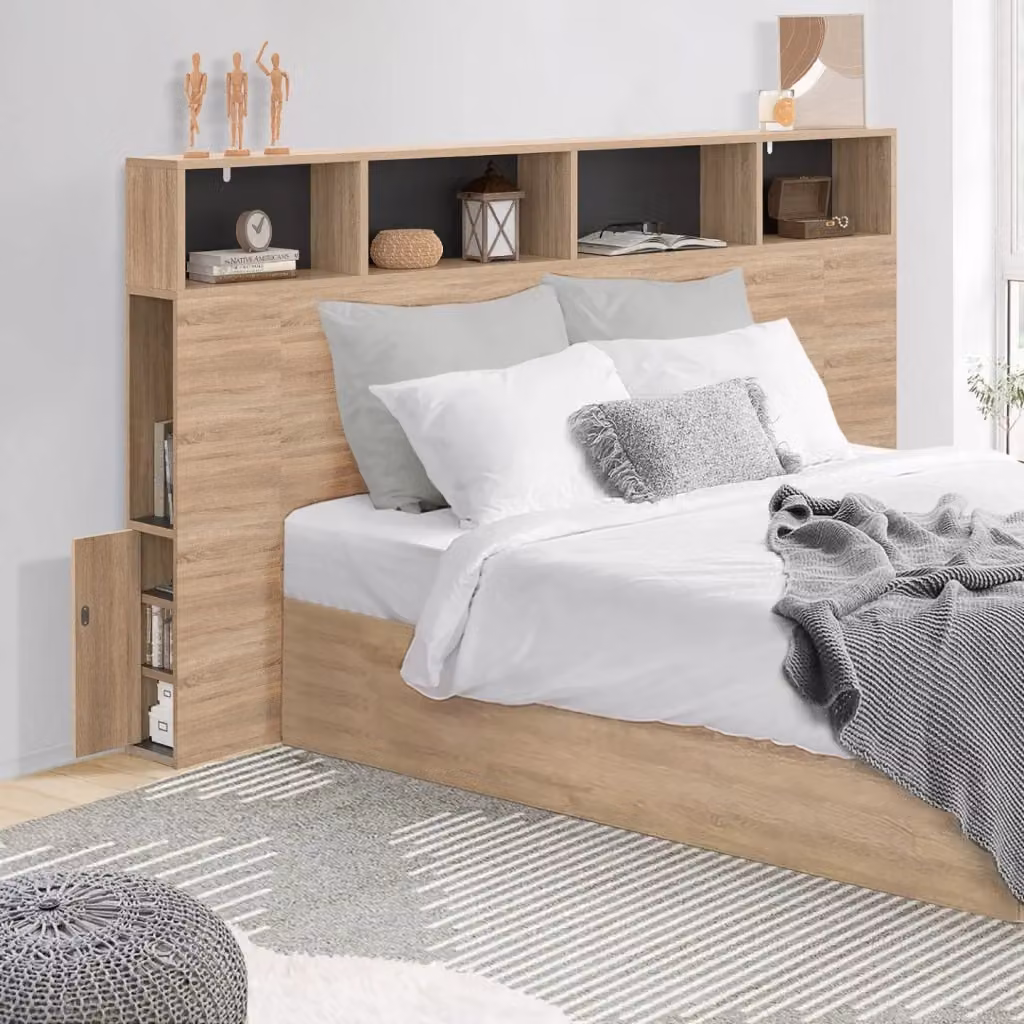 Testiera per letto IDMarket CLEO con ripiani integrati e contenitori laterali, colore beige e nero, per materasso 160x200 cm – 2