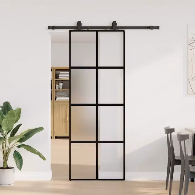 Porta Scorrevole Moderna vidaXL in Vetro Trasparente e Alluminio con Ferramenta Nera L: 76 cm, H: 205 cm