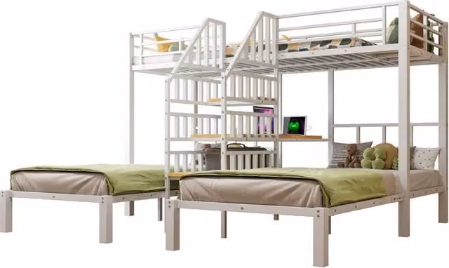 Letto a castello REDOM per bambini in metallo e MDF bianco con LED, scrivania, porta USB e scale con gradini, L/P/H: 90 x 200 cm