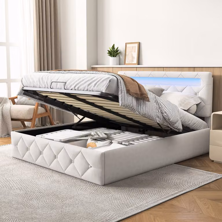 Letto 160x200 cm con illuminazione a LED, rete a doghe e ampio spazio contenitivo, color beige