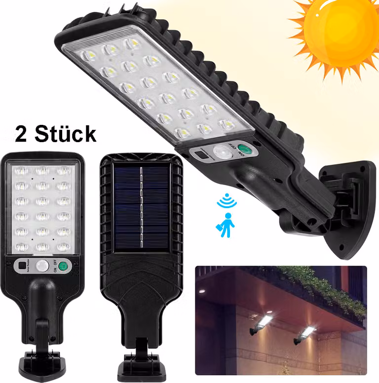 2 lampade solari a LED con sensore di movimento, luci stradali da esterno IP65, luci per giardino in bianco freddo, lampade solari per balcone, cortile, giardino, gazebo